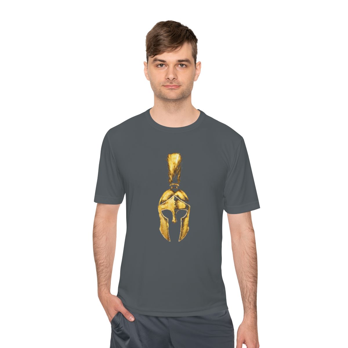 Man wearing iron grey performance tee with the gold Praetorian helmet on the front