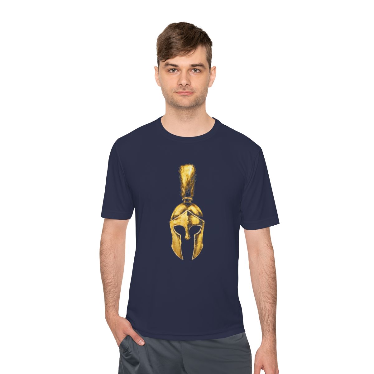 Man wearing true navy performance tee with the gold Praetorian helmet on the front