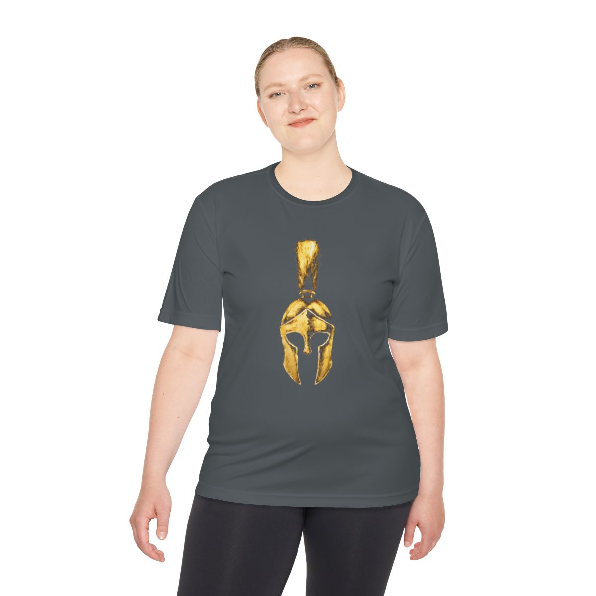 Woman wearing iron grey performance tee with the gold Praetorian helmet on the front