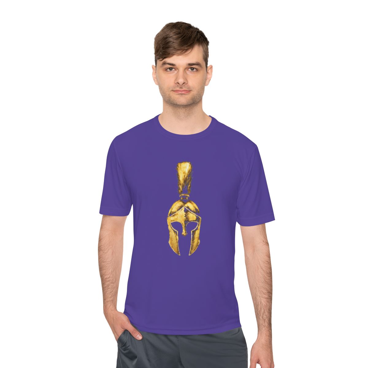 Man wearing purple performance tee with the gold Praetorian helmet on the front