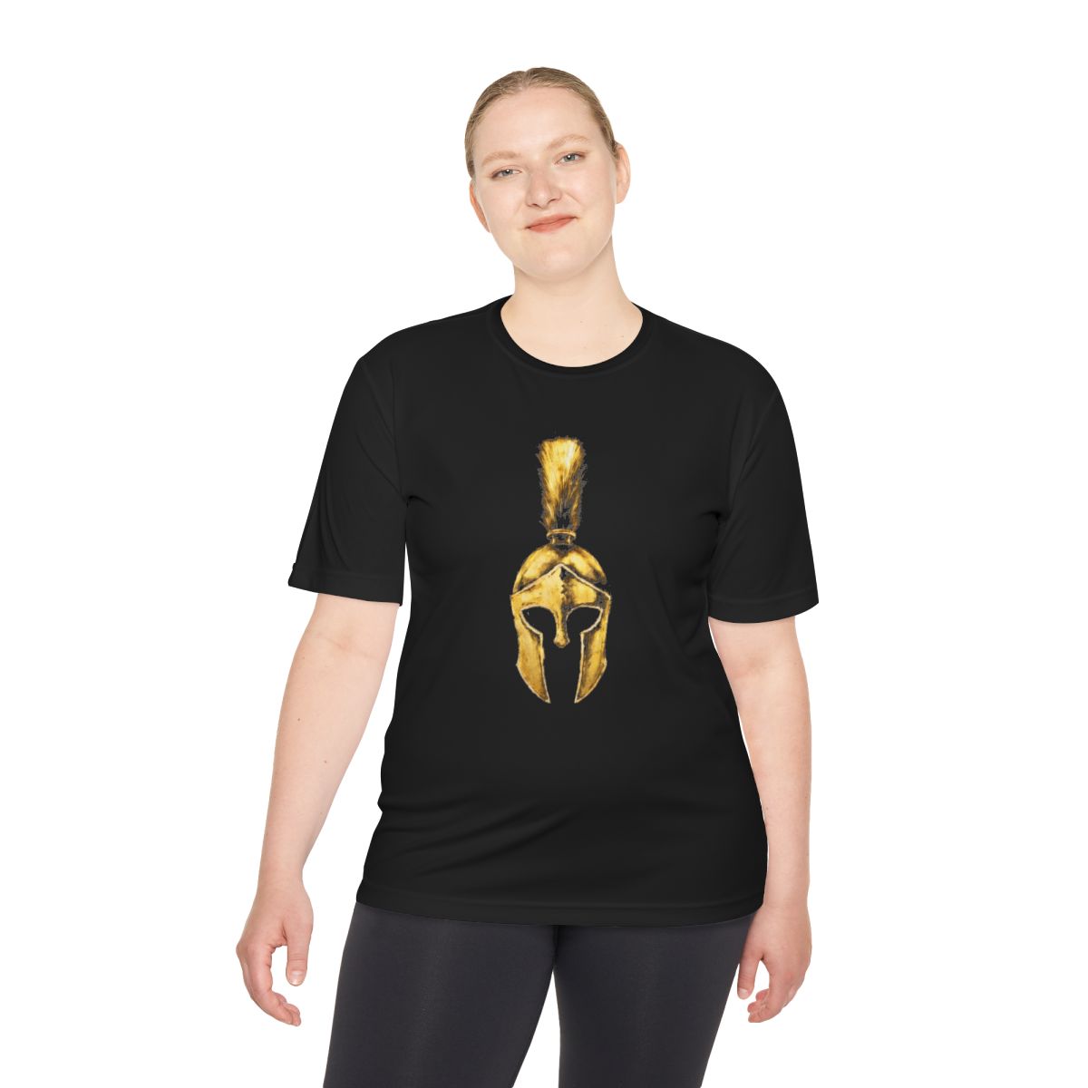 Woman wearing black performance tee with the gold Praetorian helmet on the front