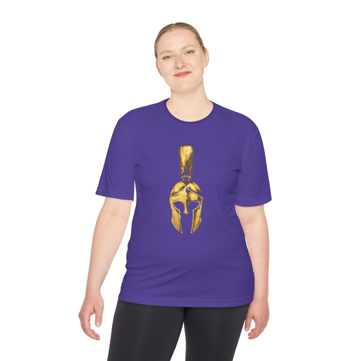 Woman wearing purple performance tee with the gold Praetorian helmet on the front