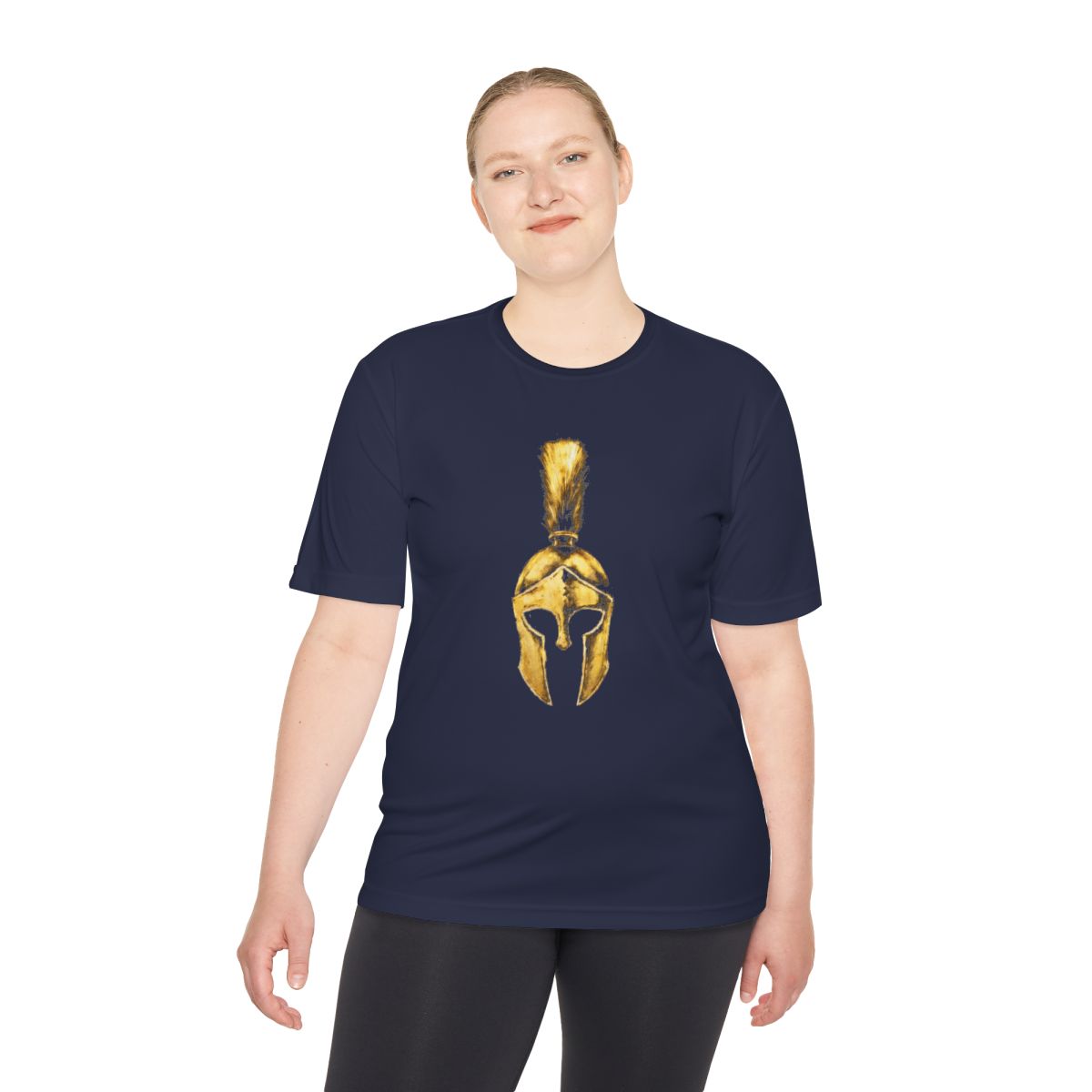 Woman wearing true navy performance tee with the gold Praetorian helmet on the front