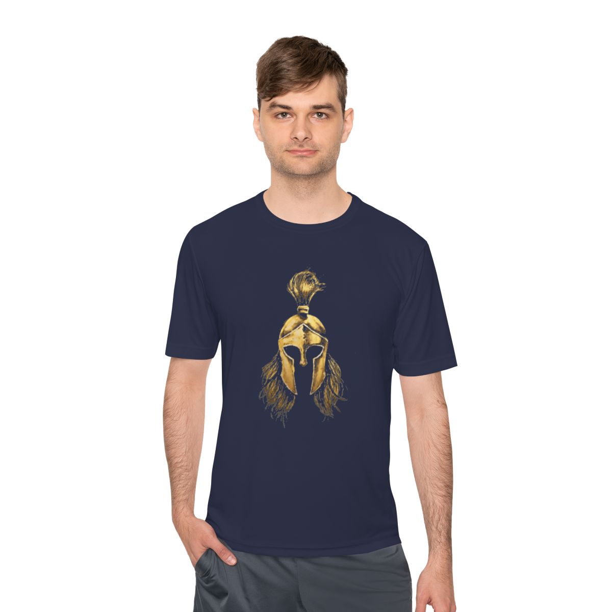 Man wearing true navy performance tee with the gold Sentinel helmet on the front