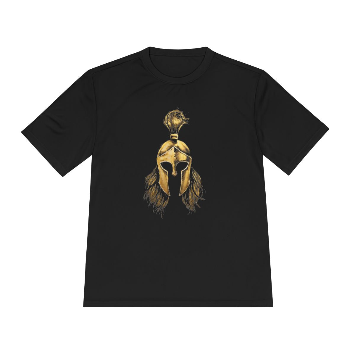 Black performance tee with the gold Sentinel helmet on the front