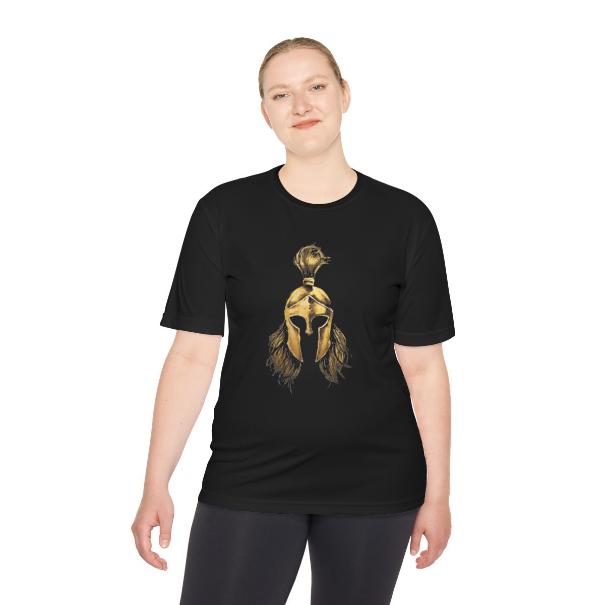 Woman wearing black performance tee with the gold Sentinel helmet on the front
