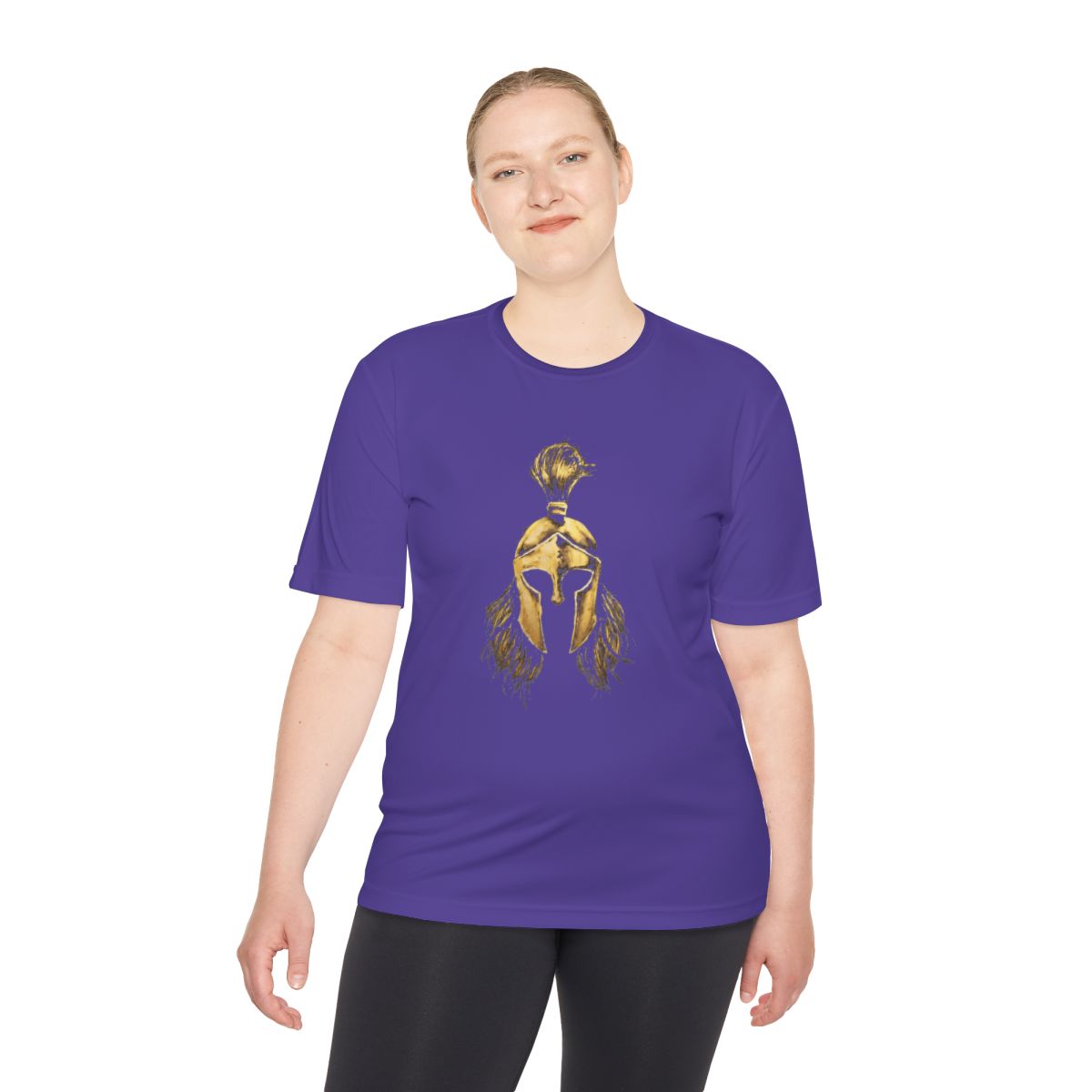 Woman wearing purple performance tee with the gold Sentinel helmet on the front