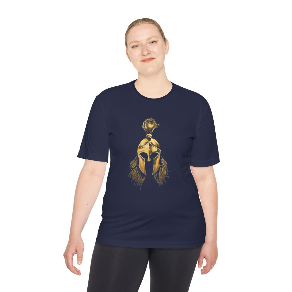 Woman wearing true navy performance tee with the gold Sentinel helmet on the front