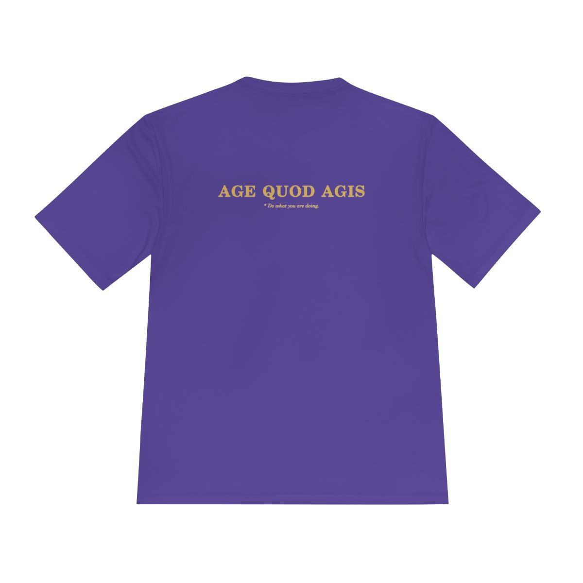 Back of purple performance tee with Age Quod Agis in gold