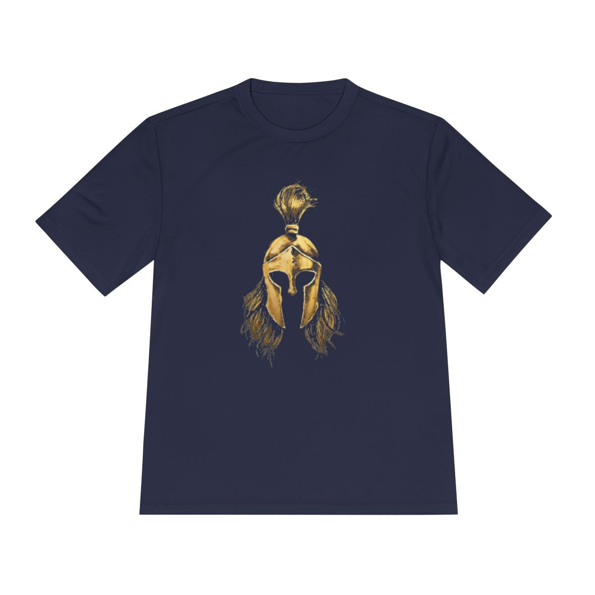 True Navy performance tee with the gold Sentinel helmet on the front