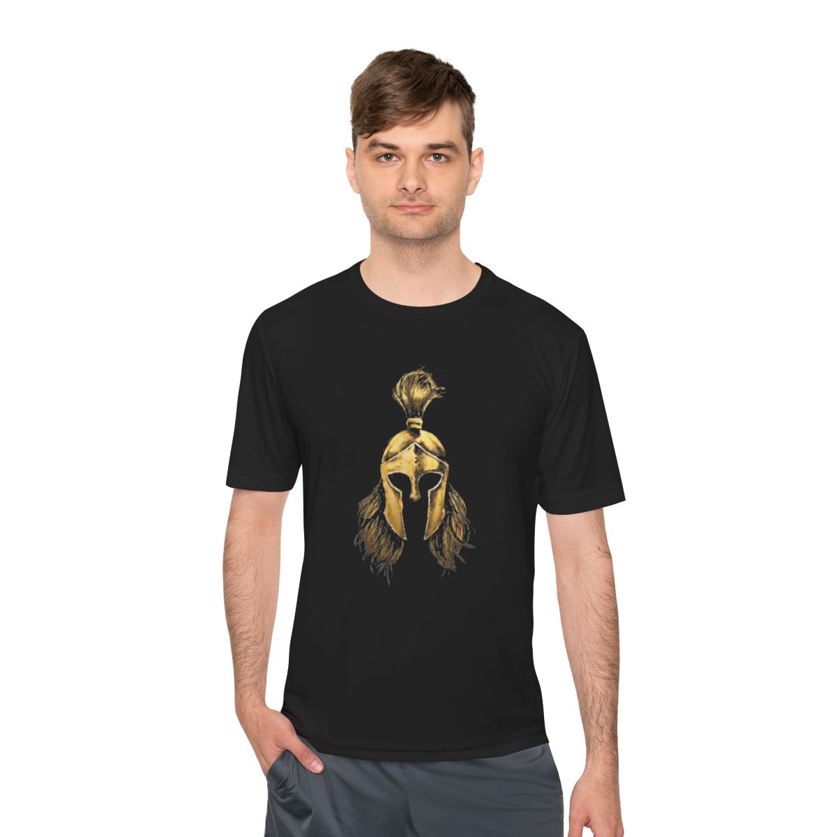 Man wearing black performance tee with the gold Sentinel helmet on the front