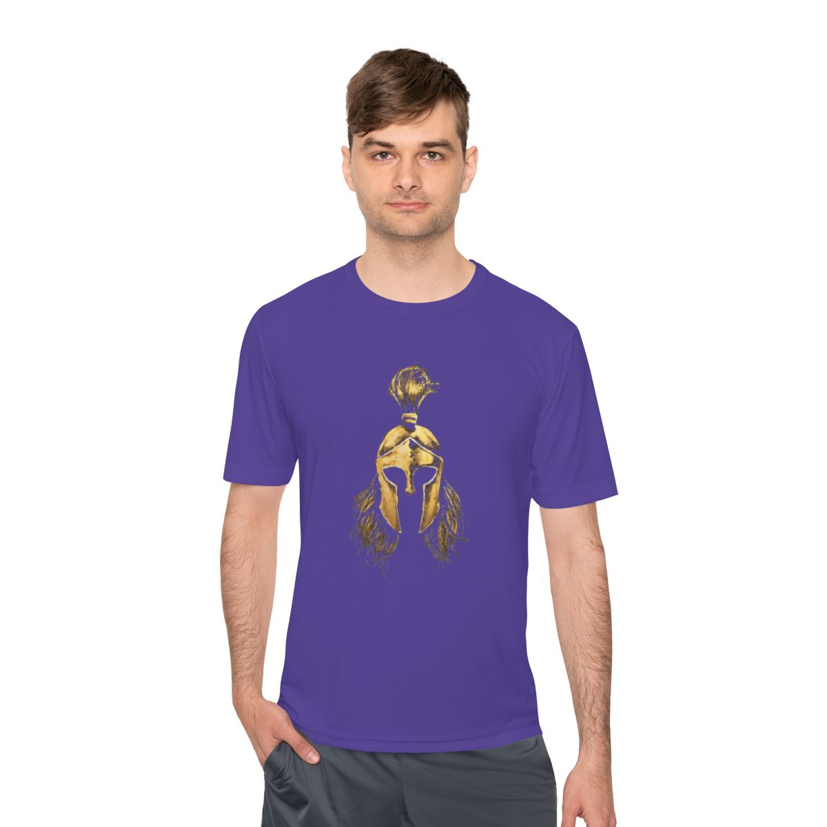 Man wearing purple performance tee with the gold Sentinel helmet on the front