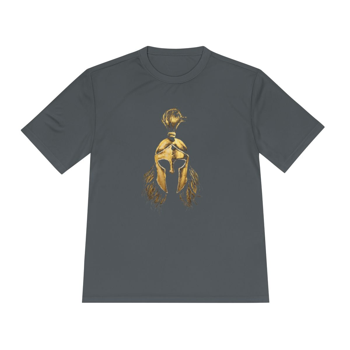 Iron Grey performance tee with the gold Sentinel helmet on the front