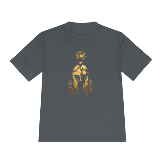 Iron Grey performance tee with the gold Sentinel helmet on the front