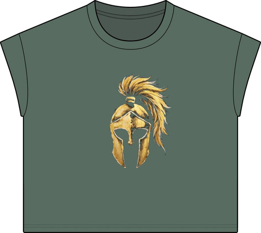 Washed Basil women's casual tee with the gold Aquila helmet on the front