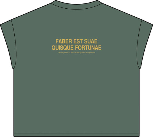Back of washed basil women's casual tee with Faber est suae quisque fortunae in gold