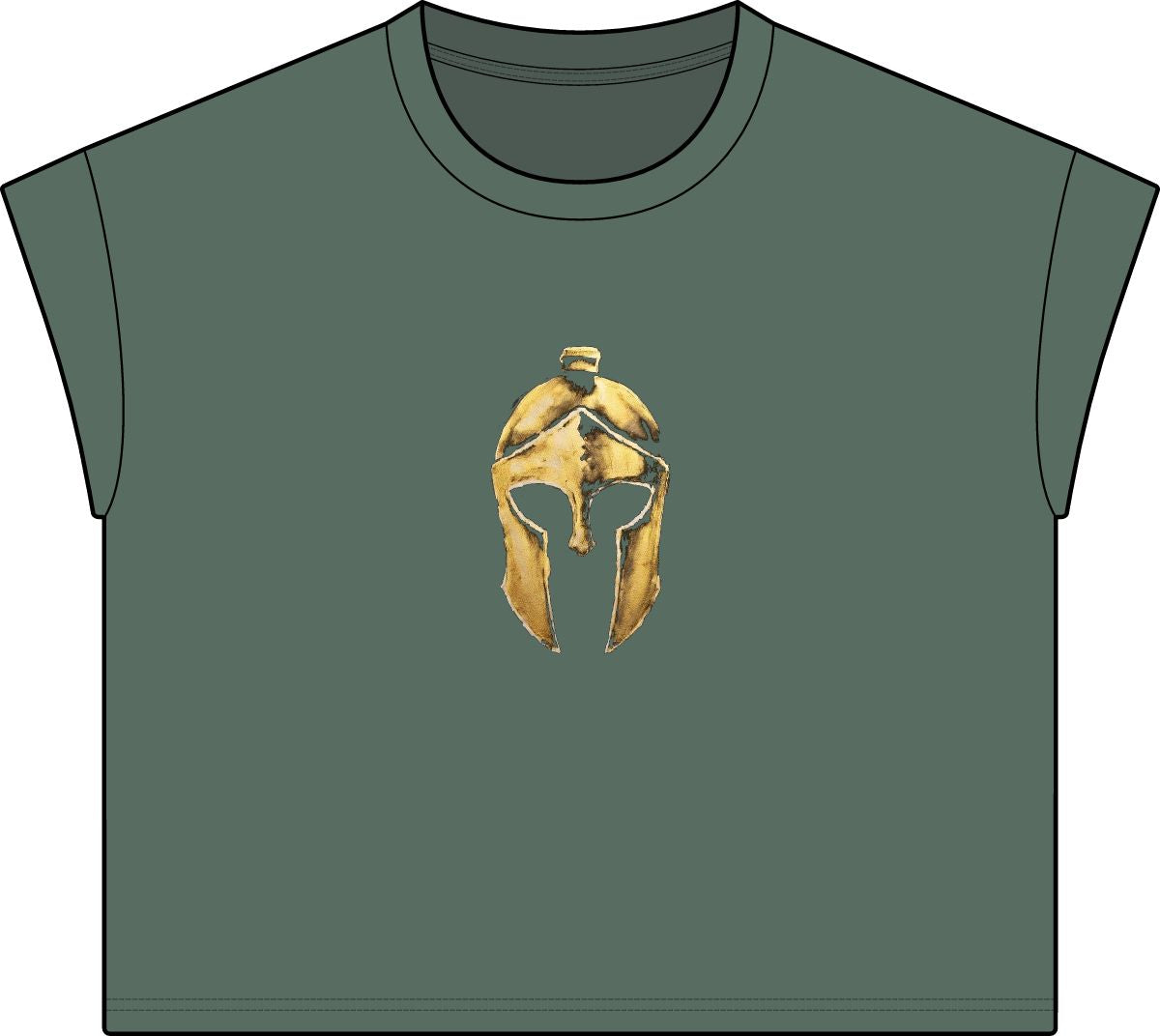Washed Basil women's casual tee with the gold Helm helmet on the front