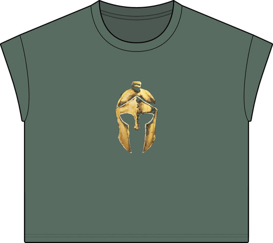 Washed Basil women's casual tee with the gold Helm helmet on the front