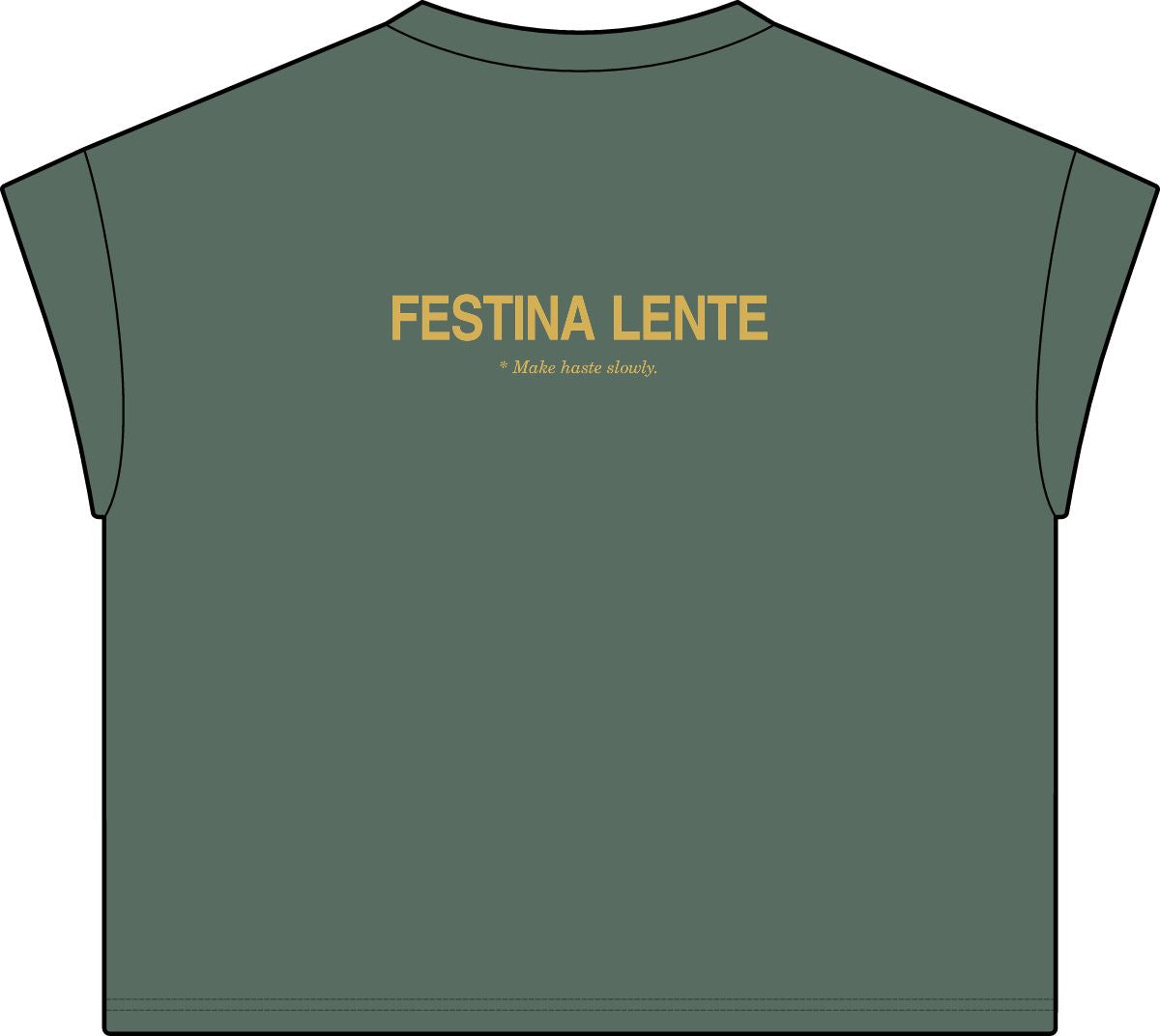 Back of washed basil women's casual tee with Festina Lente in gold