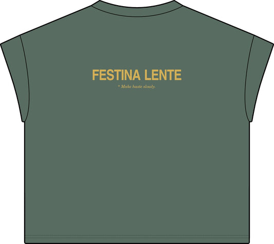 Back of washed basil women's casual tee with Festina Lente in gold