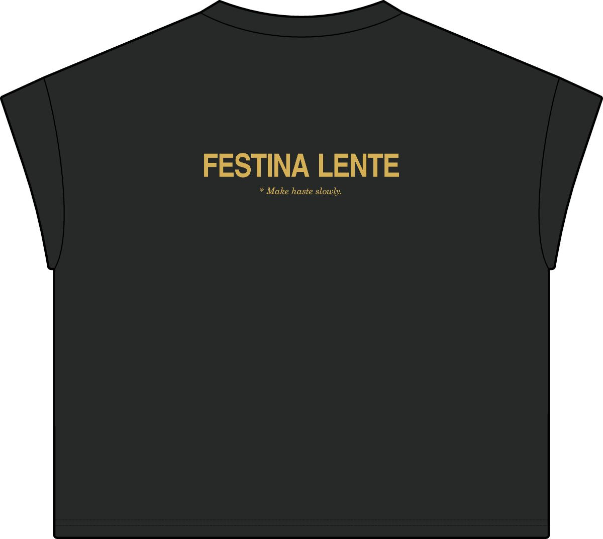 Back of washed black women's casual tee with Festina Lente in gold