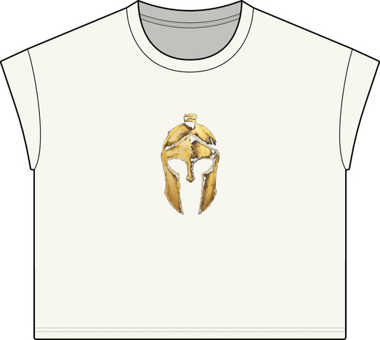Washed Natural women's casual tee with the gold Helm helmet on the front