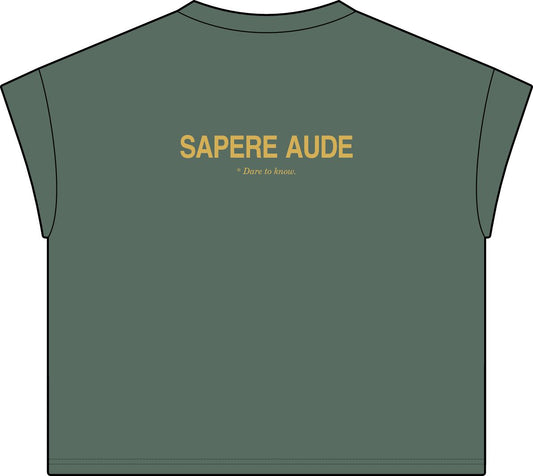 Back of washed basil women's casual tee with Sapere Aude in gold