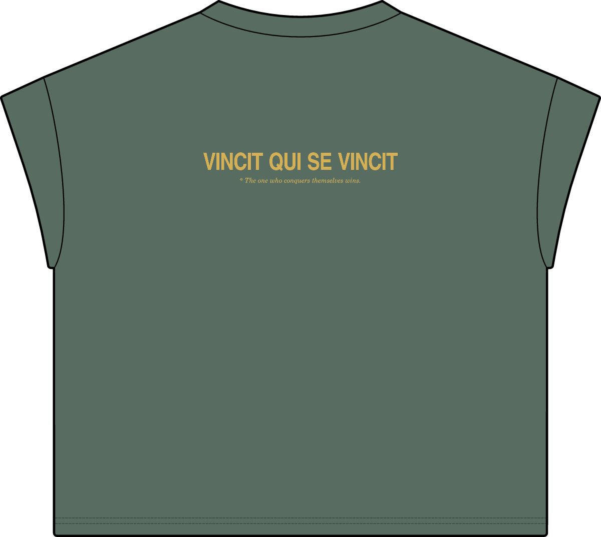 Back of washed basil women's casual tee with Vincit qui se vincit in gold