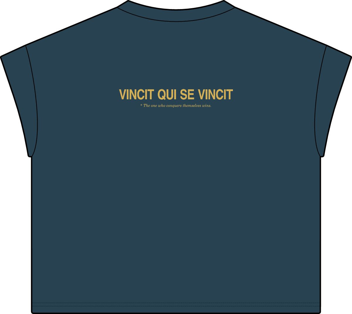 Back of washed navy women's casual tee with Vincit qui se vincit in gold