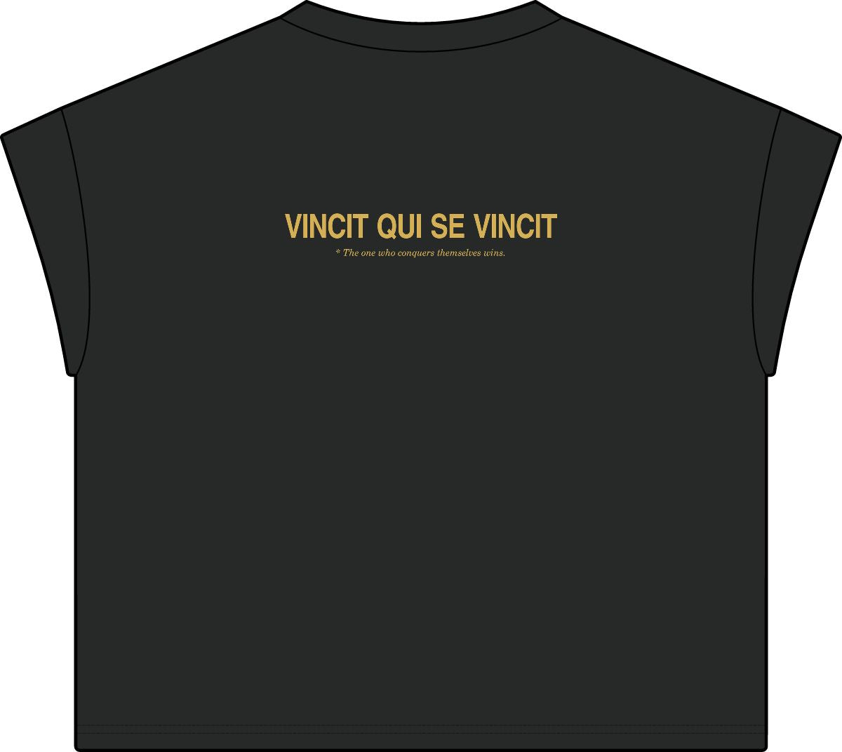 Back of washed black women's casual tee with Vincit qui se vincit in gold