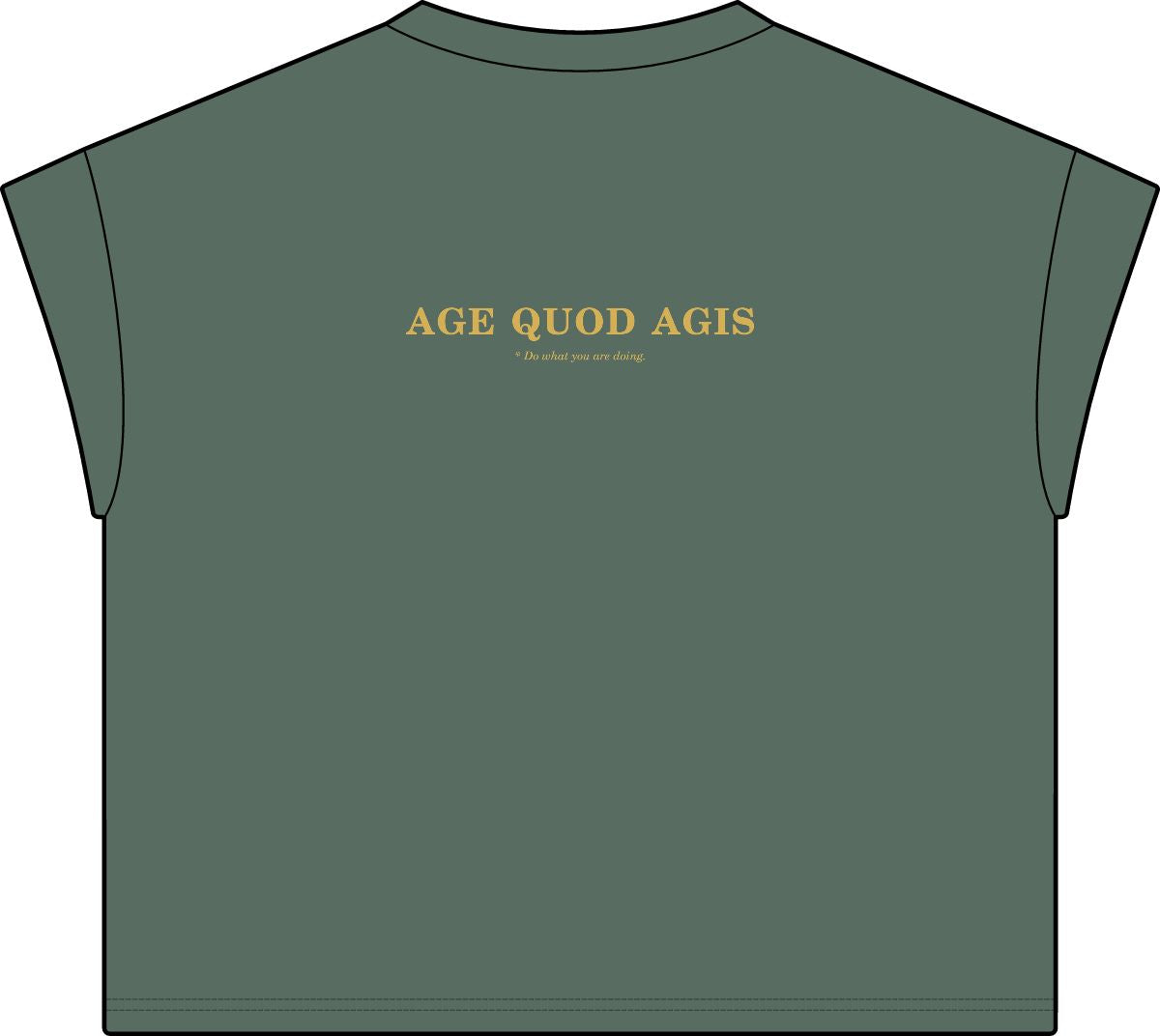 Back of washed basil women's casual tee with Age Quod Agis in gold
