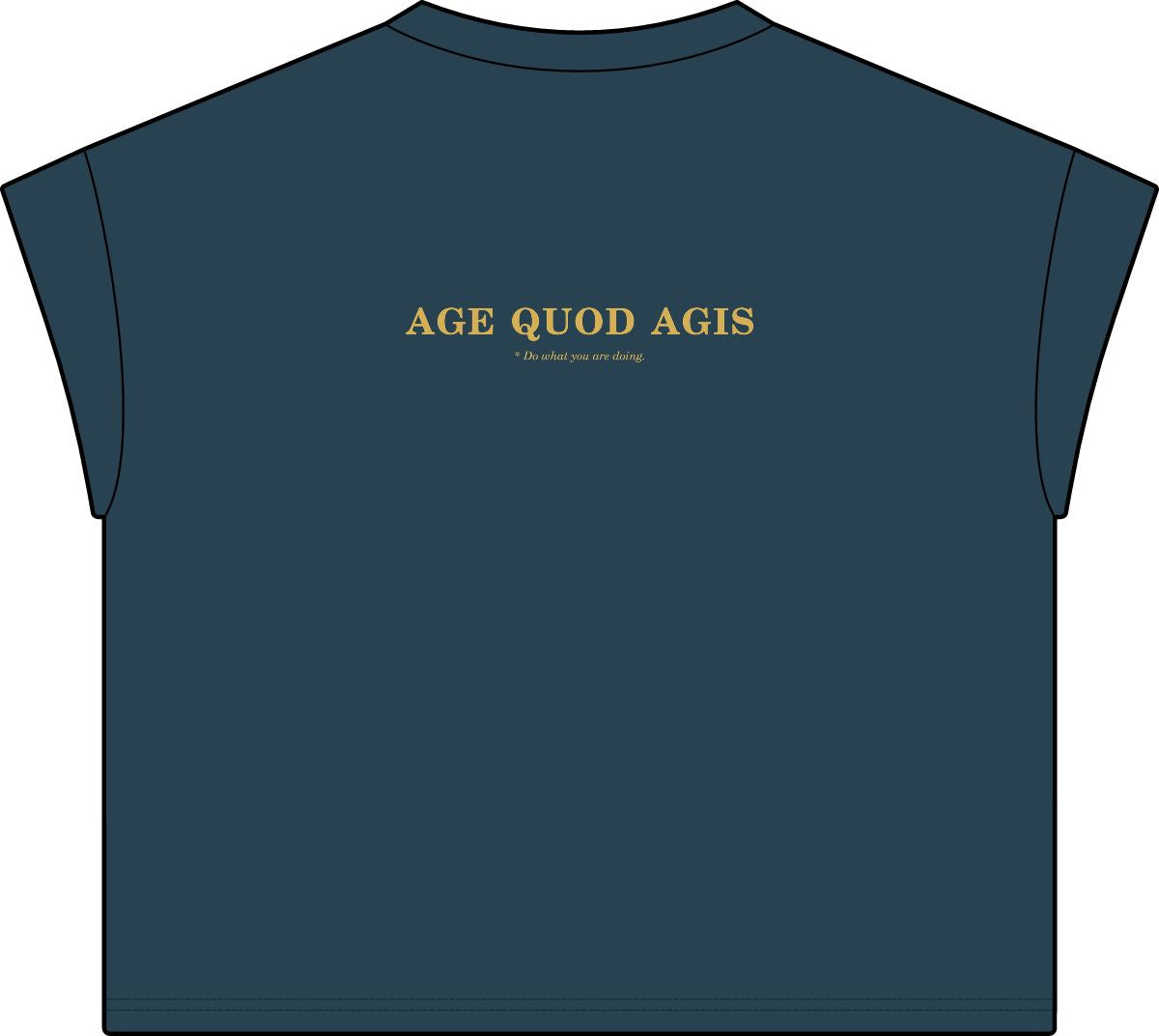 Back of washed navy women's casual tee with Age Quod Agis in gold