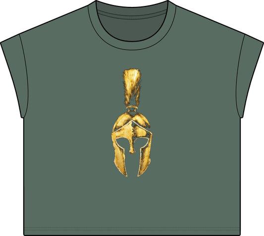 Washed Basil women's casual tee with the gold Praetorian helmet on the front