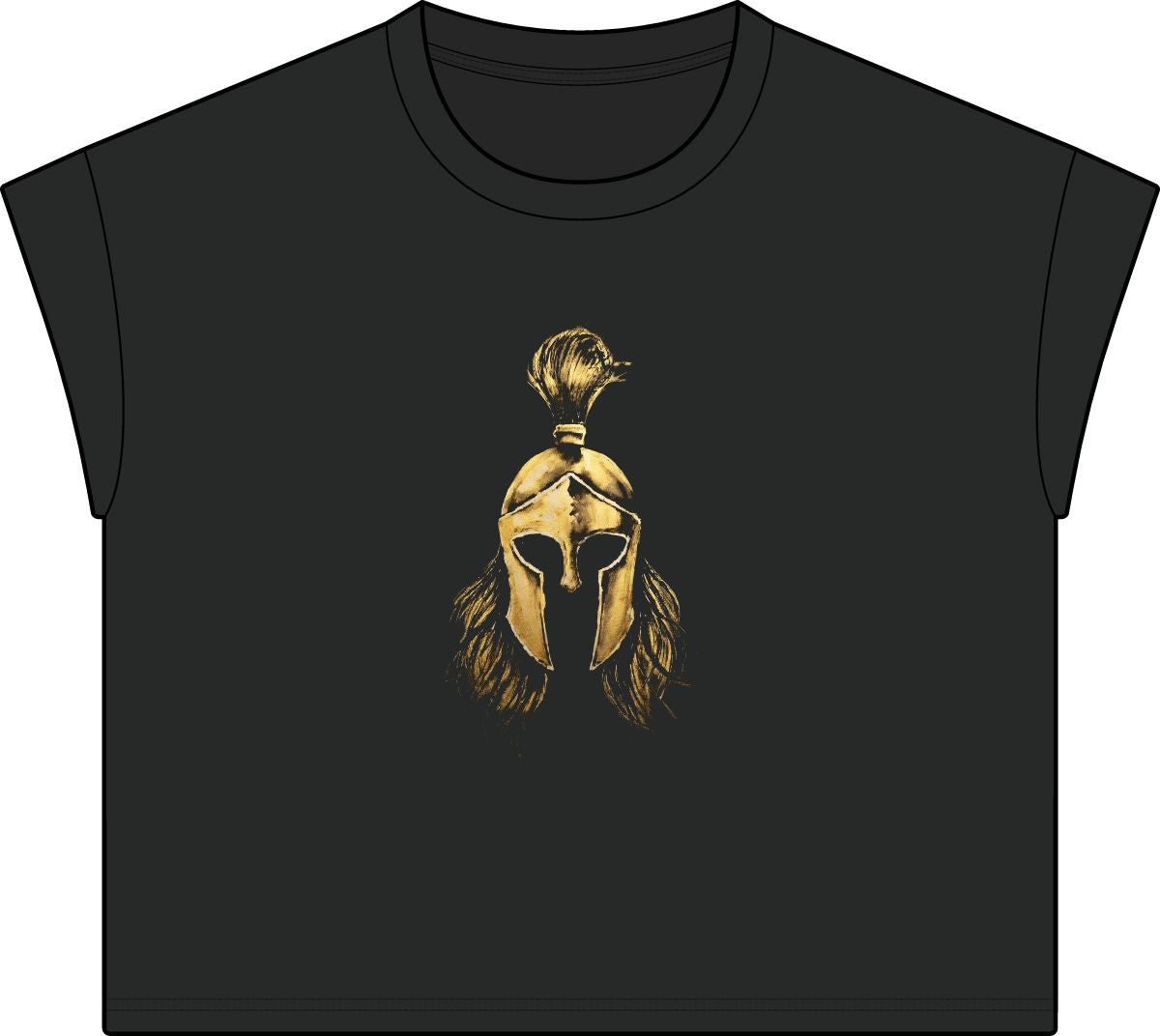 Washed Black women's casual tee with the gold Sentinel helmet on the front