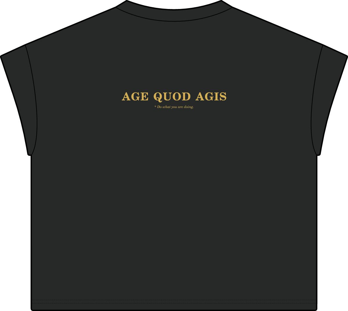 Back of washed black women's casual tee with Age Quod Agis in gold