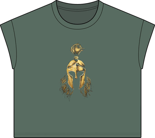 Washed Basil women's casual tee with the gold Sentinel helmet on the front