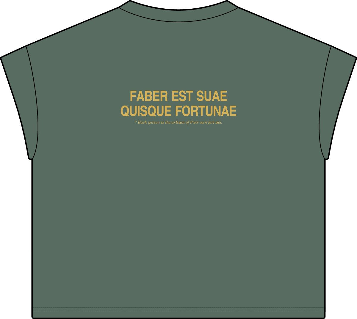 Back of washed basil women's casual tee with Faber est suae quisque fortunae in gold
