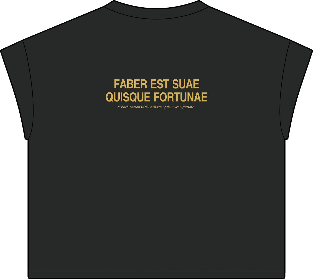 Back of washed black women's casual tee with Faber est suae quisque fortunae in gold