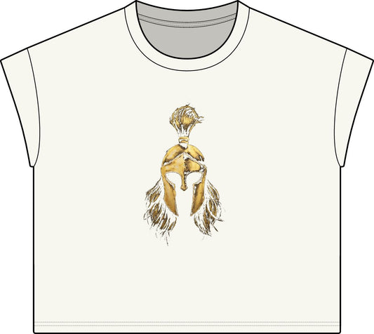 Washed Natural women's casual tee with the gold Sentinel helmet on the front
