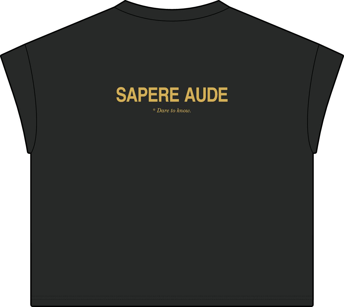 Back of washed black women's casual tee with Sapere Aude in gold