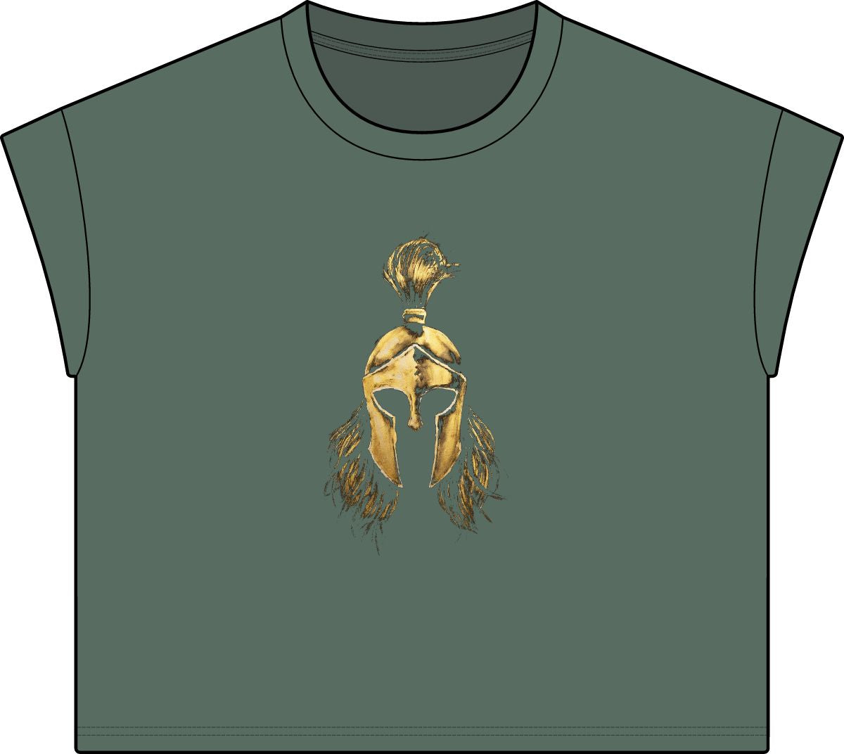 Washed Basil women's casual tee with the gold Sentinel helmet on the front