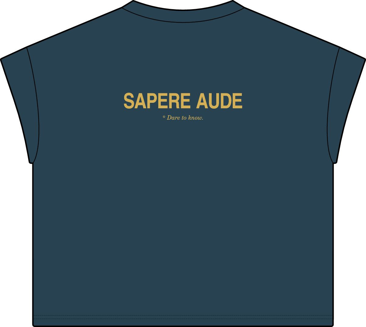 Back of washed navy women's casual tee with Sapere Aude in gold