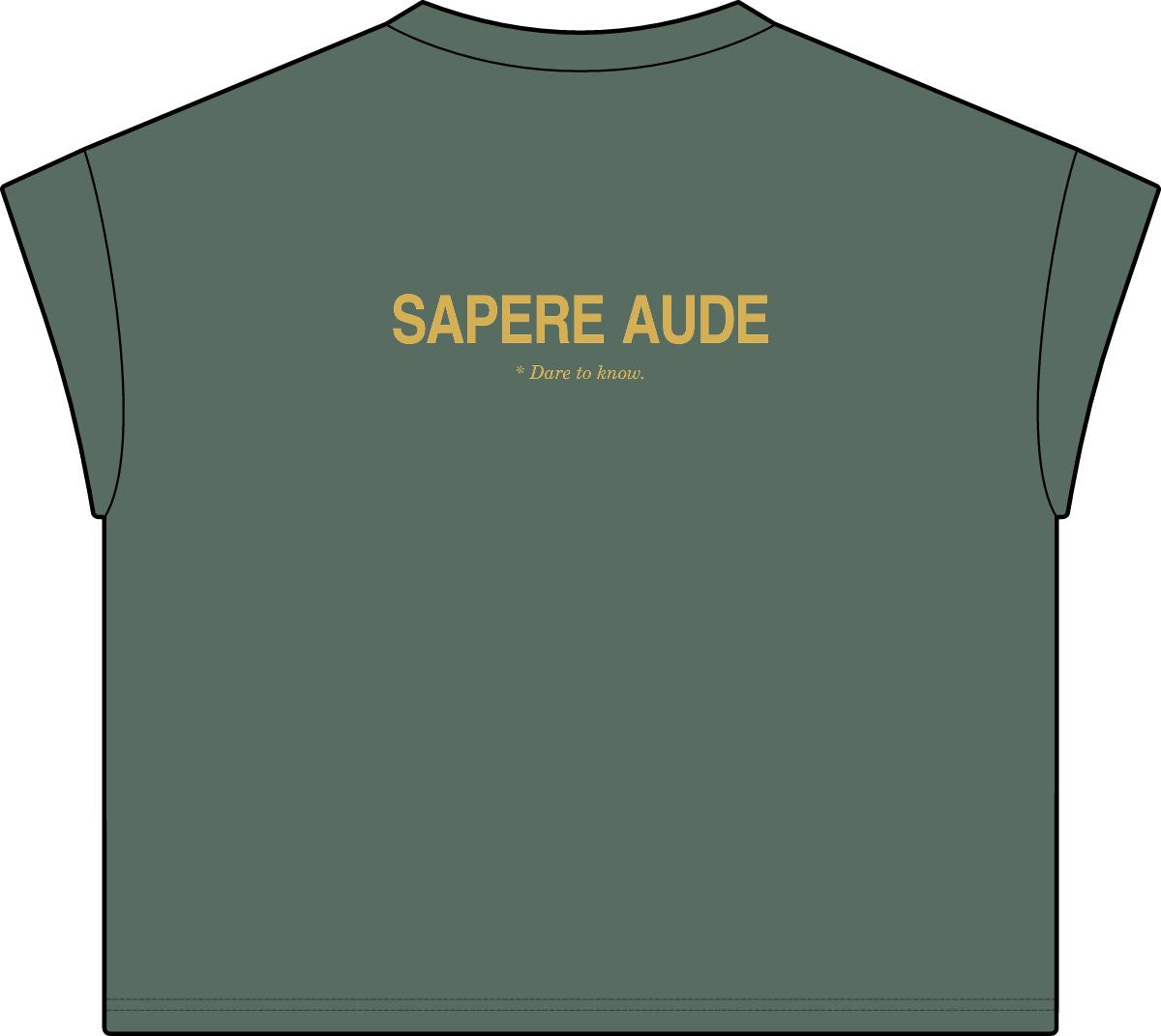 Back of washed basil women's casual tee with Sapere Aude in gold