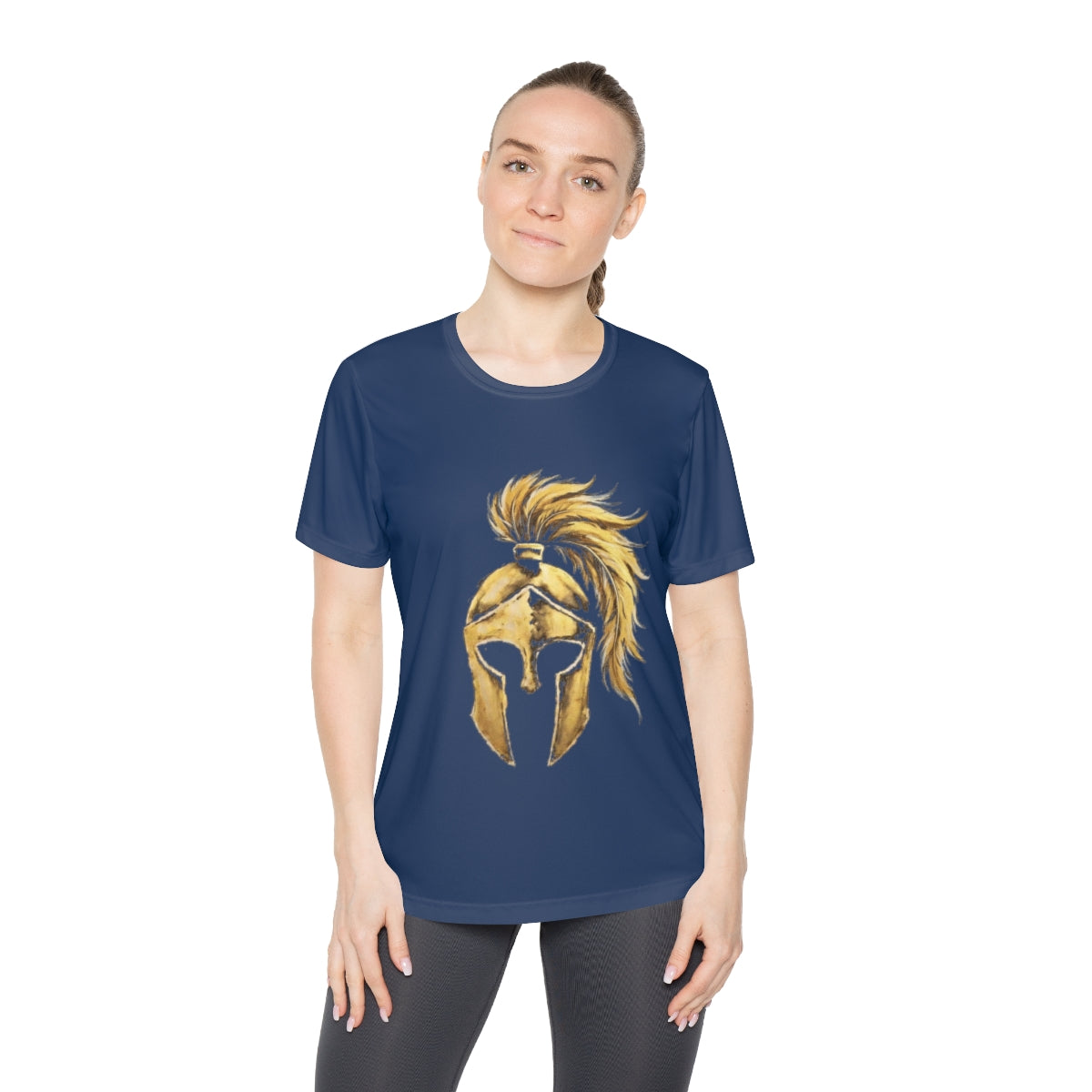 Woman wearing true navy women's performance tee with the gold Aquila helmet on the front