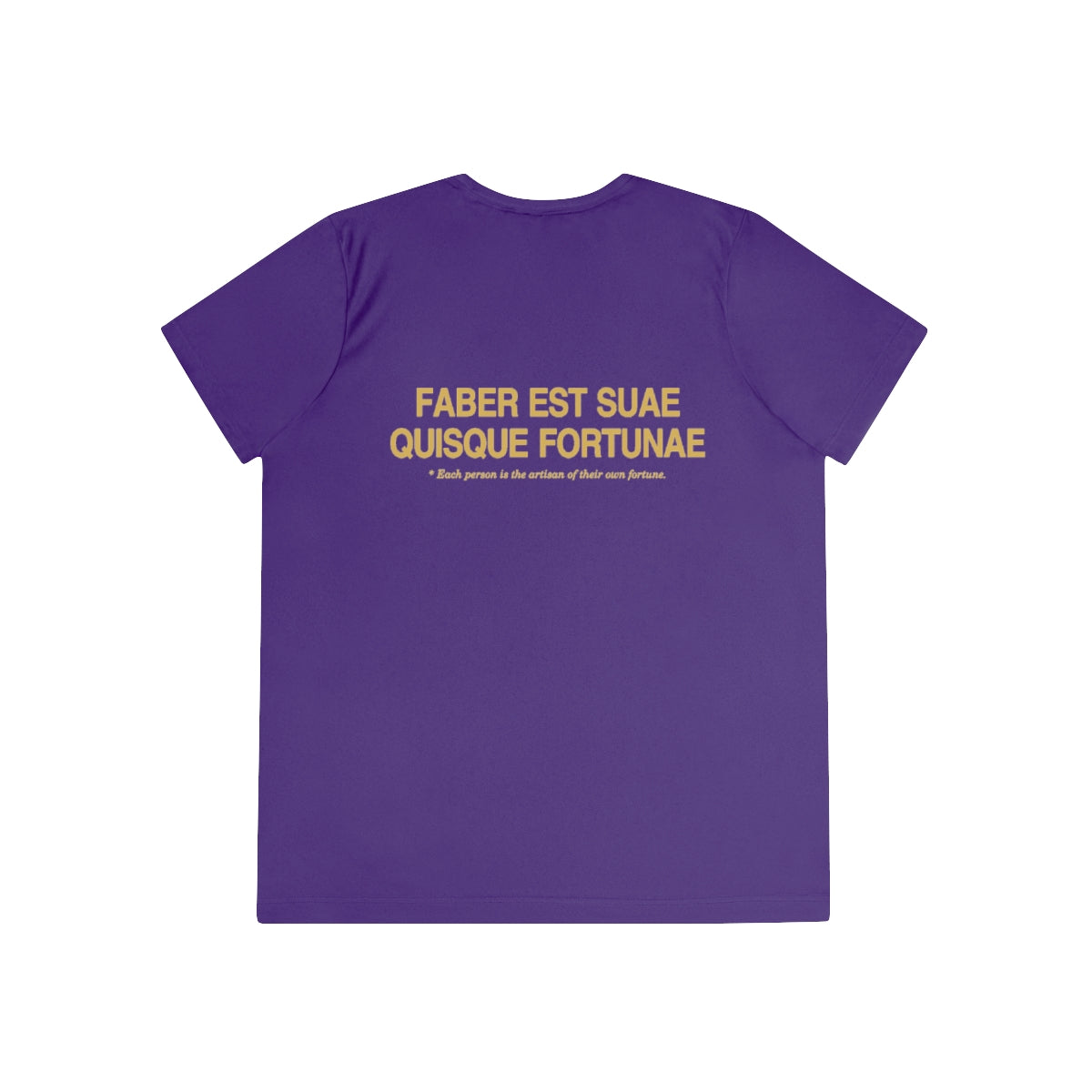 Back of purple women's performance tee with Faber est suae quisque fortunae in gold