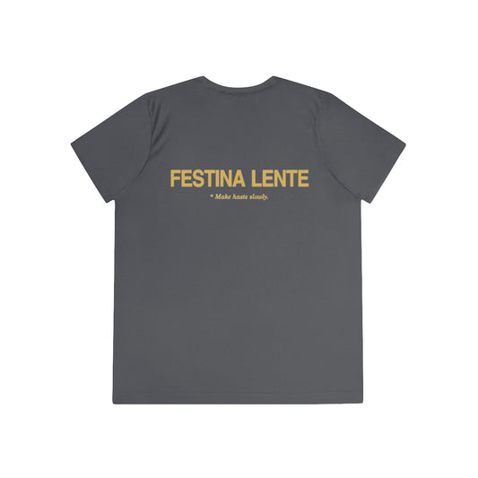 Back of iron grey women's performance tee with Festina Lente in gold