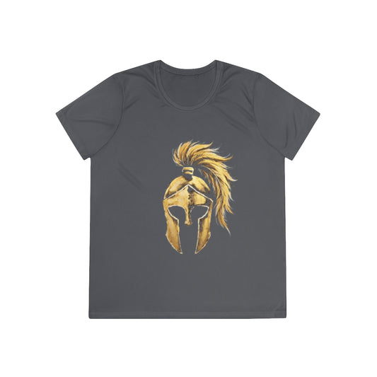 Iron Grey women's performance tee with the gold Aquila helmet on the front