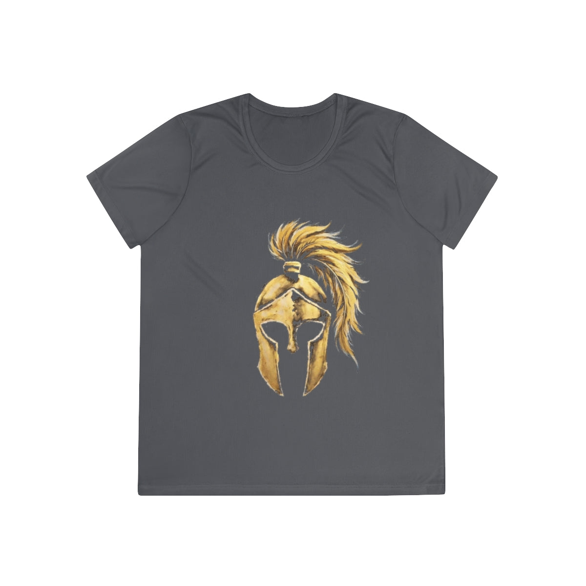 Iron Grey women's performance tee with the gold Aquila helmet on the front