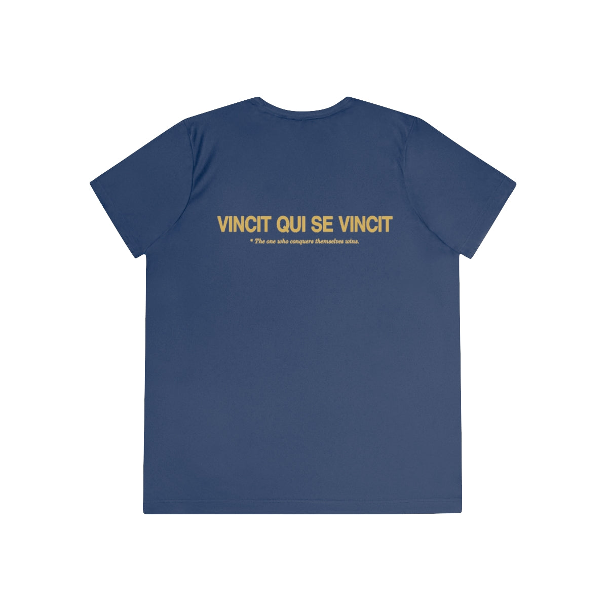 Back of true navy women's performance tee with Vincit qui se vincit in gold