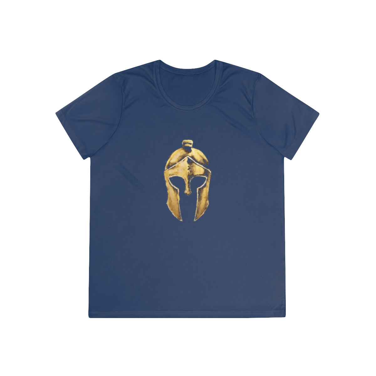 True Navy women's performance tee with the gold Helm helmet on the front